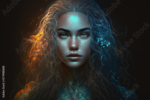 Beautiful illuminated symmetrical woman face. Perfect concept. Black background. Generative AI © Gelpi