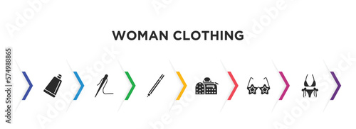 woman clothing filled icons with infographic template. glyph icons such as creme container black, needle, eyes makeup pencils, fashionable hand bag, childish eyeglasses, string bikini vector.