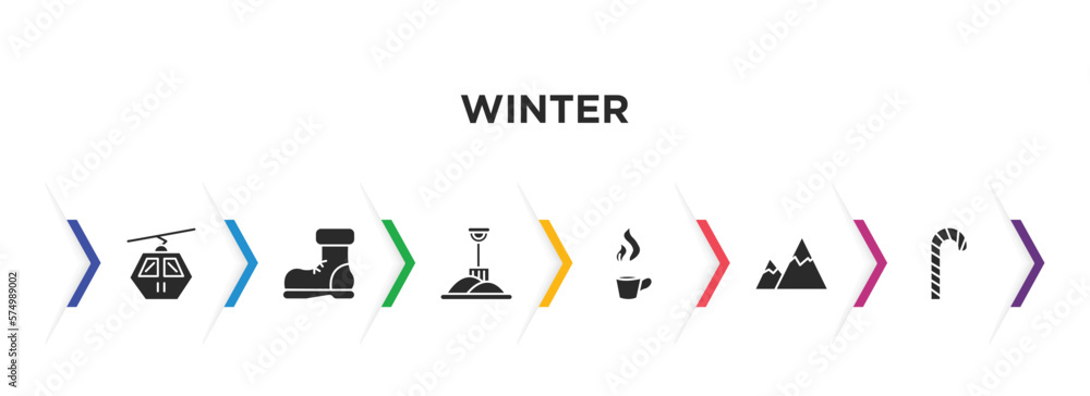 Naklejka premium winter filled icons with infographic template. glyph icons such as cable car cabin, snow boot, winter shovel, hot tea, snowy mountain, candy cane vector.