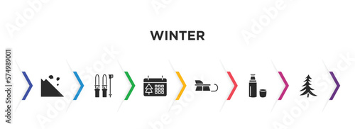 winter filled icons with infographic template. glyph icons such as avalanche, ski equiptment, christmas day, sledge, themos flask, fir vector.
