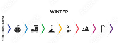 winter filled icons with infographic template. glyph icons such as cable car cabin, snow boot, winter shovel, hot tea, snowy mountain, candy cane vector.