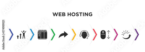 web hosting filled icons with infographic template. glyph icons such as improve, raid, forwarding, tech support, scrolling, uptime vector.