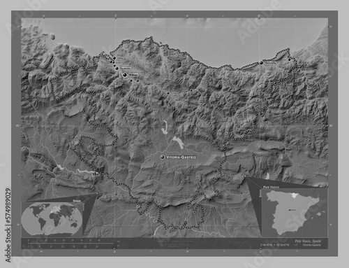 Pais Vasco, Spain. Grayscale. Labelled points of cities photo