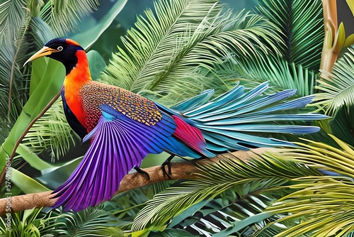 Paradise bird on exotic floral background  fantasy colorful illustration . Generative AI