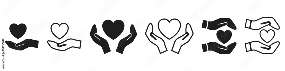 Heart in hand icons set. Hands holding. Love icon. Health, medicine symbol. Heart in hand icons set. Hands holding. Love icon. Health, medicine symbol.