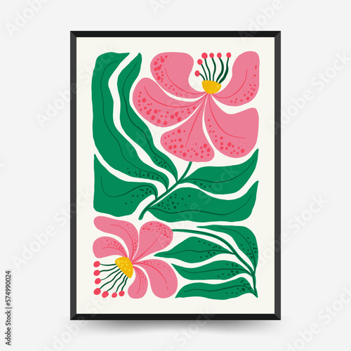 Abstract floral posters template. Modern trendy Matisse minimal style. Pink and blue colors. Hand drawn design for wallpaper, wall decor, print, postcard, cover, template, banner. 