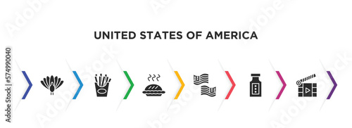 united states of america filled icons with infographic template. glyph icons such as thanksgiving peacock, french fries, pumpkin pie, usa, baste, movie vector.