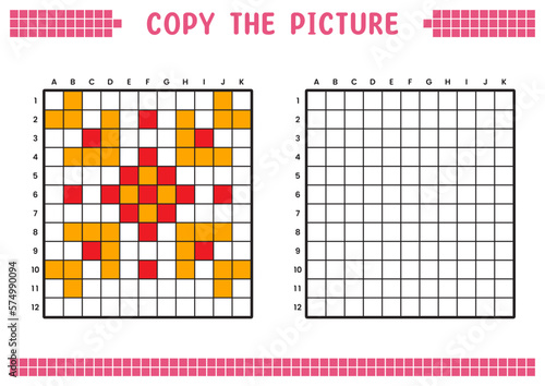 Copy the picture, complete the grid image. Educational worksheets drawing with squares, coloring areas. Preschool activities, children's games. Vector illustration, pixel art. Orange red flower.