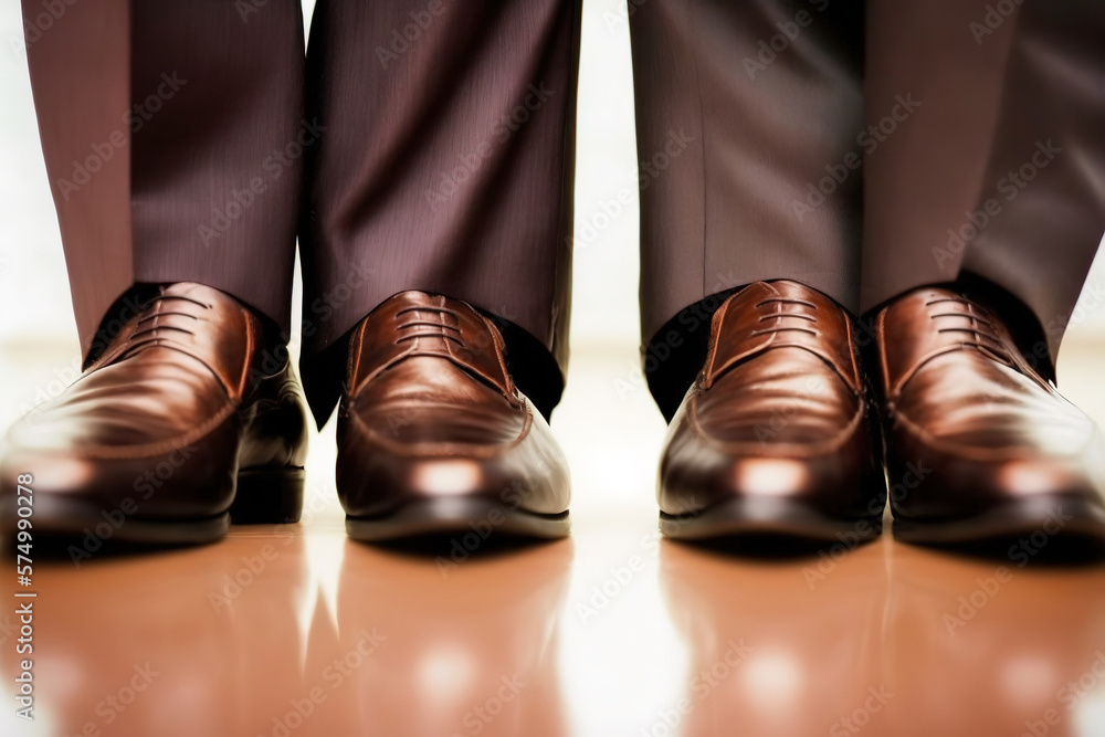 Close-up at 2 business persons feet, wearing formal business court shoe and standing at working office. Generative Ai image.
Close-up at 2 business persons feet, wearing formal business court shoe and standing at working office. Generative Ai image.