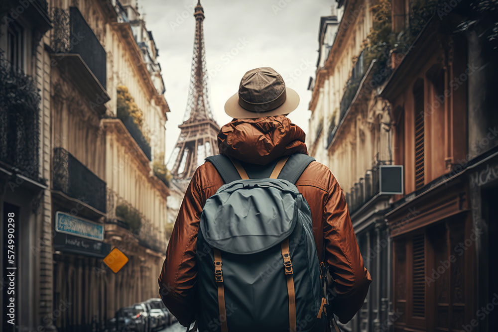 A traveler backpacker is standing on the city street with background of Eiffel tower, the famous landmark of Paris, France. Travel and journey concept scene. Generative Ai image.