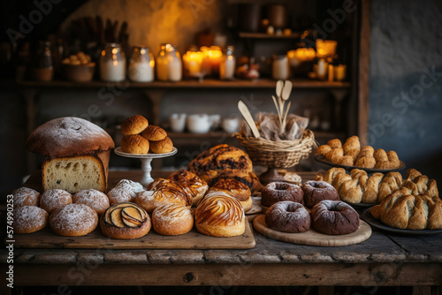 Many type of bread and bun are set on the table, food display background. Generative Ai image.