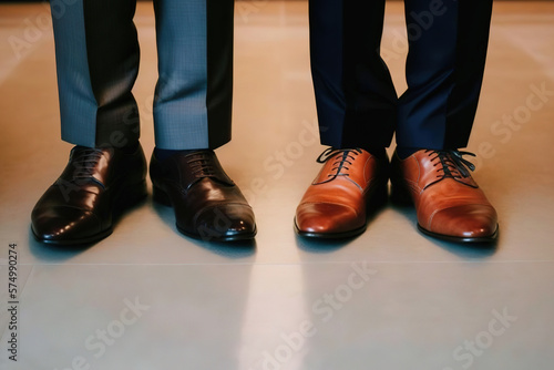 Close-up at 2 business persons feet, wearing formal business court shoe and standing at working office. Generative Ai image. 