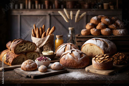 Many type of bread and bun are set on the table, food display background. Generative Ai image.