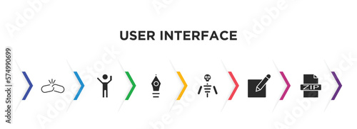 user interface filled icons with infographic template. glyph icons such as disconnected chains, about successful man, delete anchor point, anatomy class skeleton, editor, zip file vector.