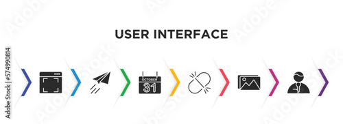 user interface filled icons with infographic template. glyph icons such as screen in white, paper plane flying, octuber 31, unlink, images, news reporters vector.