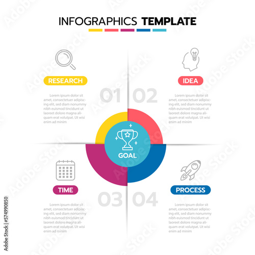 Business infographic template process with simple geometry square, rectangle, circle, triangle, curves in flat design template with thin line icons and 5 options or steps. Vector illustration.