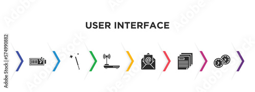 user interface filled icons with infographic template. glyph icons such as battery loaded, magic wand button, internet modem, email evelope, multiple file, hours vector.
