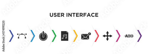 user interface filled icons with infographic template. glyph icons such as anchor point, on off power button, music file, new message, move arrows, strikethrough vector.