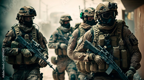 Military Tactical Special Squad Special Forces Unit, Equipped Armed Soldiers, Full Gear, Wartime, Battlefield Epic Scene