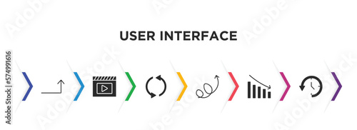 user interface filled icons with infographic template. glyph icons such as turn up arrow, movie play button, looping arrows, swirly arrow, reduce, circular arrow clock vector.