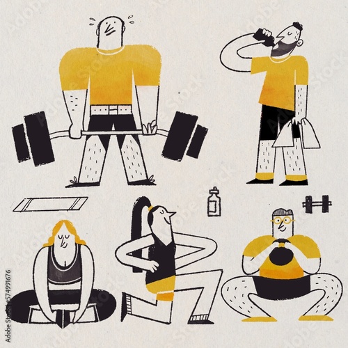 Fitness exercising at home web concept in flat design. Men, women doing workout, training with kettle bell or weight, practice yoga. Healthy lifestyle modern people