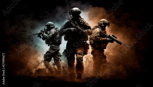 Military Tactical Special Squad Special Forces Unit, Equipped Armed Soldiers, Full Gear, Wartime, Battlefield Epic Scene