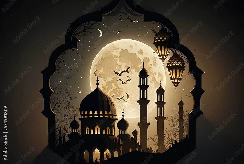 Moon and Mosque design for Islamic banner-poster background Stock ...