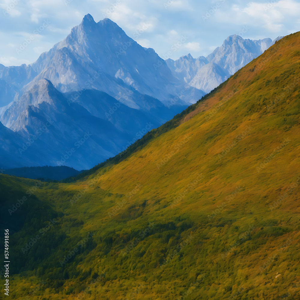 Fototapeta premium Mountain landscape with green grass and blu sky