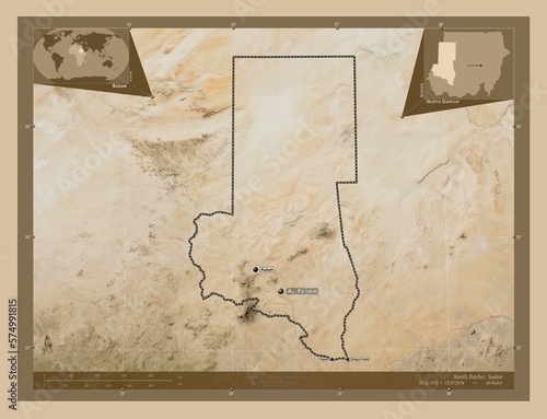 North Darfur, Sudan. Low-res satellite. Labelled points of cities photo