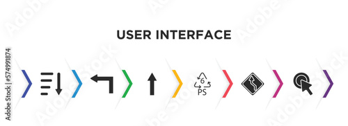 user interface filled icons with infographic template. glyph icons such as sorting, left turn, pointing up arrow, 6 ps, left reverse curve, mouse clicker vector.