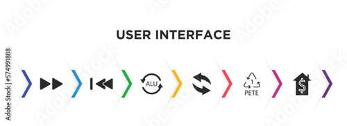 user interface filled icons with infographic template. glyph icons such as forward button, rewind, alu, refresh arrows, 1 pete, house value vector.
