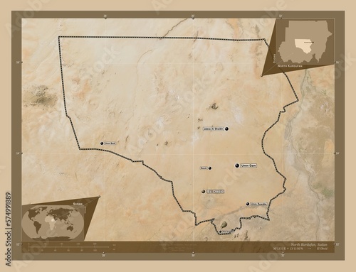 North Kurdufan, Sudan. Low-res satellite. Labelled points of cities photo