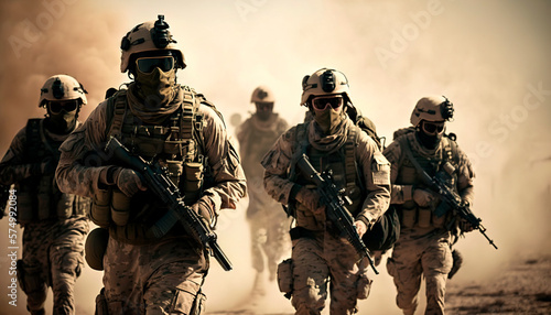 Group of Soldiers Running through a desert, Military Tactical Special Squad Special Forces Unit, Equipped Armed Soldiers, Full Gear, Wartime, Battlefield Epic Scene concept art © Syntetic Dreams