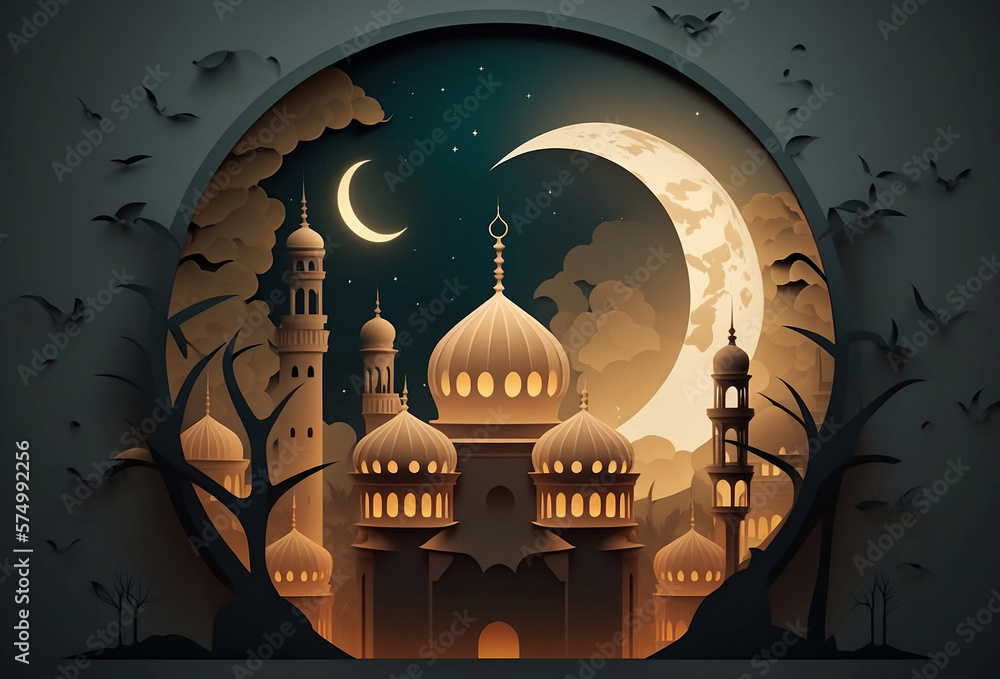 Moon and Mosque design for Islamic banner-poster background Stock ...