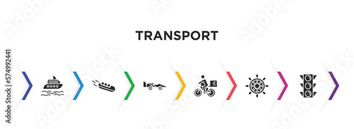 transport filled icons with infographic template. glyph icons such as luxury yacht, bobsleigh, formula 1, delivery bike, ship wheel, semaphore vector.