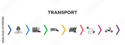 transport filled icons with infographic template. glyph icons such as ferry carrying cars, prison bus, trucking, car repair, way, quad bike vector.