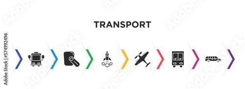 transport filled icons with infographic template. glyph icons such as bus front with driver, hands free device, space rocket launch, light aircraft, public transportation, long car vector.