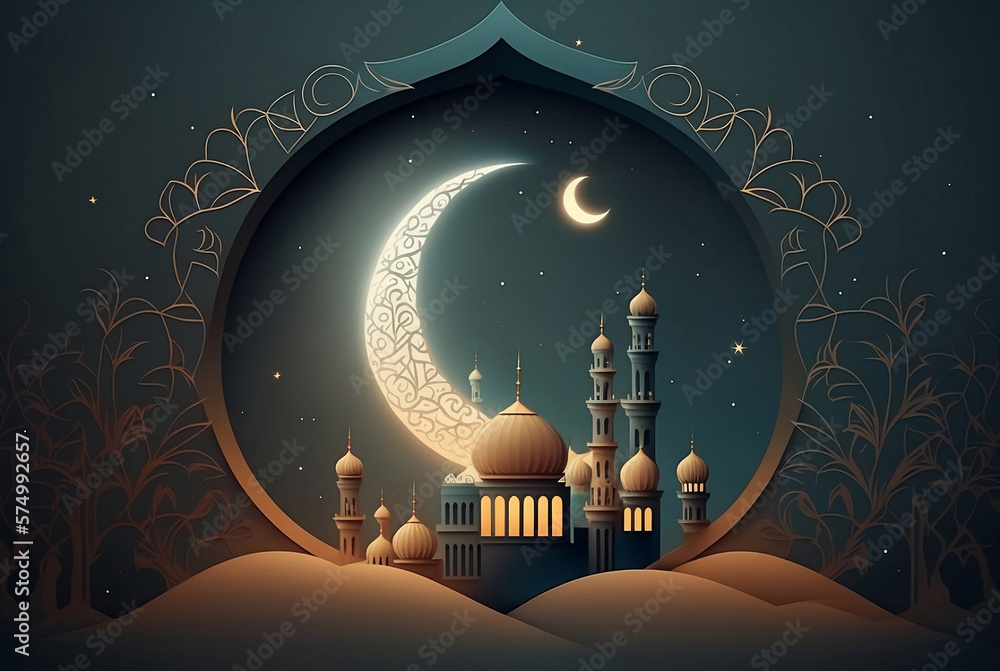Moon and Mosque design for Islamic banner-poster background Stock ...