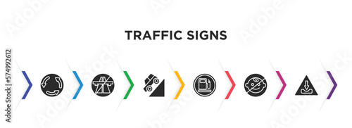 traffic signs filled icons with infographic template. glyph icons such as roundabout, end motorway, hill, gasoline, no children, pothole vector.