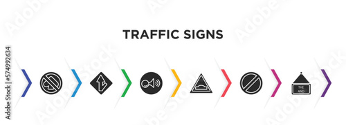 traffic signs filled icons with infographic template. glyph icons such as no gambling, merging, horn, hump, forbidden, end of way vector.