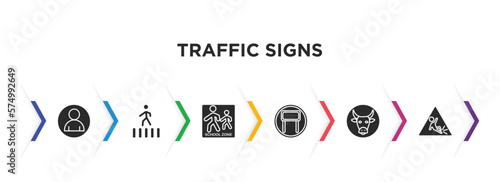 traffic signs filled icons with infographic template. glyph icons such as waiting, zebra crossing, school ahead, tall, cattle, slippery vector.