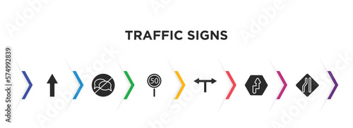 traffic signs filled icons with infographic template. glyph icons such as straight, no chatting, speed limit, t junction, right reverse bend, lane vector.