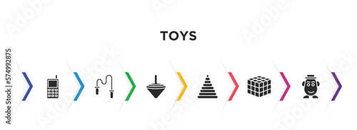 toys filled icons with infographic template. glyph icons such as phone toy, skipping rope toy, spinning top toy, circle thinking game mrs potato vector.