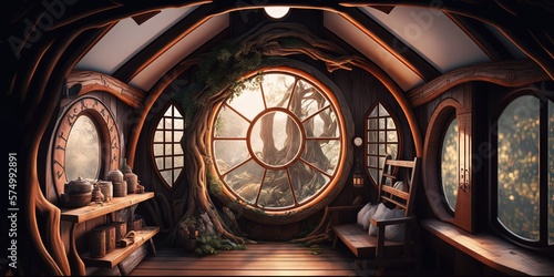 The interior of a Hobbit house located inside a wooden hut in the forest, Generative AI