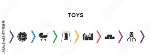 toys filled icons with infographic template. glyph icons such as steering wheel toy, pram toy, swing toy, bouncy castle blocks octopus vector.