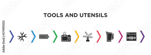 tools and utensils filled icons with infographic template. glyph icons such as reparation, charged battery, camera with flash, windmills, pitcher with levels, sound wave bars vector.