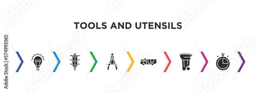 tools and utensils filled icons with infographic template. glyph icons such as incandescent, semaphore lights, maths compass tool, firetruck, recycling can, stopwatch vector.