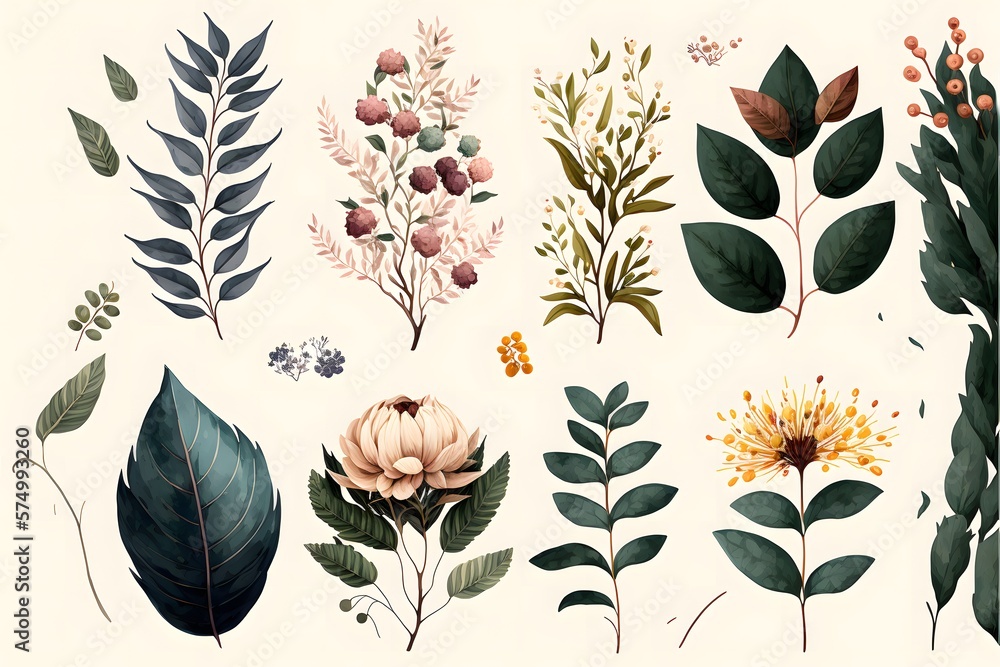 Vector layout of various flowers, leaves, and plants on a plain vintage paper