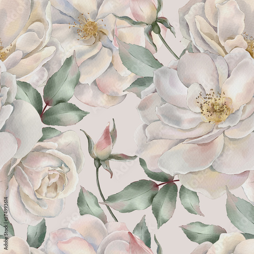 Seamless floral pattern with white roses hand-drawn painted in a watercolor style. The seamless pattern can be used on a variety of surfaces, wallpaper, textiles or packaging.