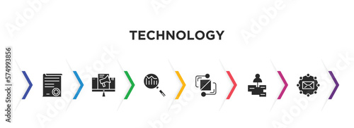 technology filled icons with infographic template. glyph icons such as declarations, content marketing, search engine marketing, structural elements, user-generated content, email marketing vector.